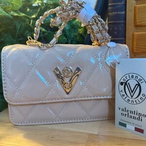 Valentino Orlandi Quilted Patent Mini Bag Taupe Gold Chain NWT